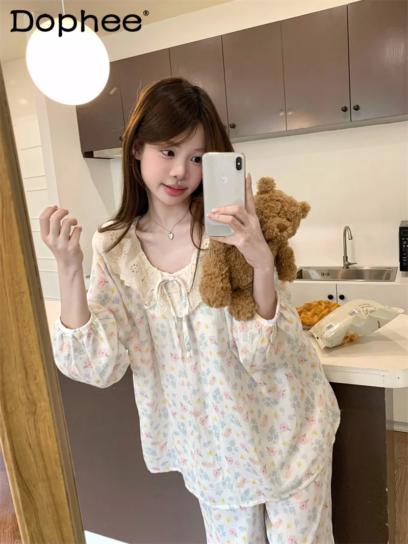 

Пижамы с длинными рукавами в пасторальном стиле для милых девочек, осенний новый комплект домашней одежды из чистого хлопка и марли, весенний комплект