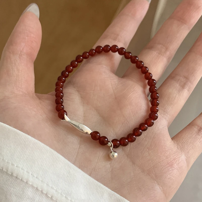 PANJBJ 925 Sterling Silver Red Agate Bead Bracelet for Women Fish Shape Retro Bead Design Versatile Jewelry Gifts Dropshipping