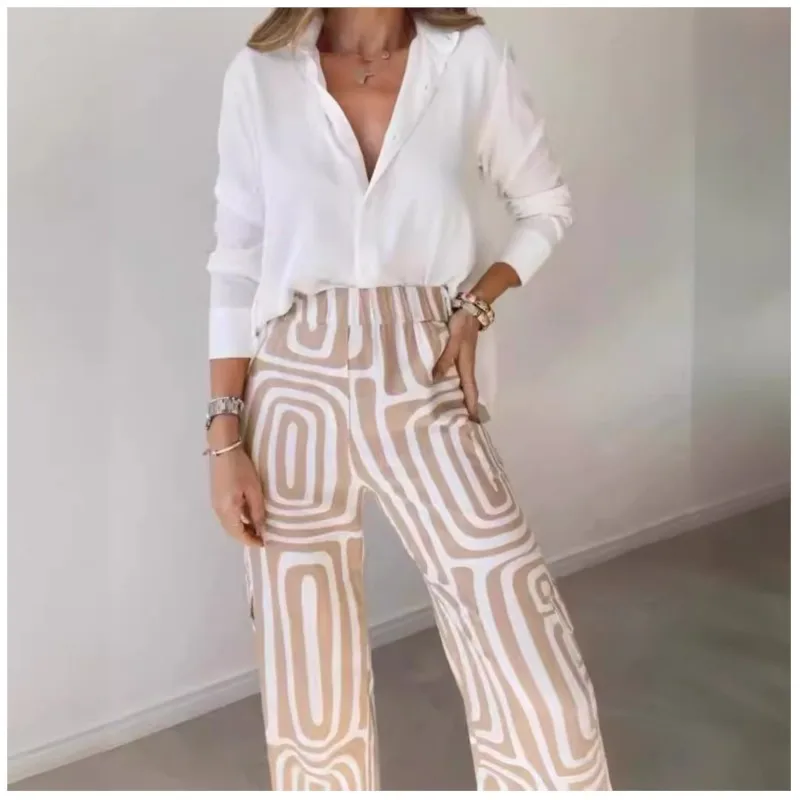 Summer Autumn Casual Suit For Women High-end Sensory Communication V-neck Long Sleeved Shirt Loose Pants Two-piece Set For Women