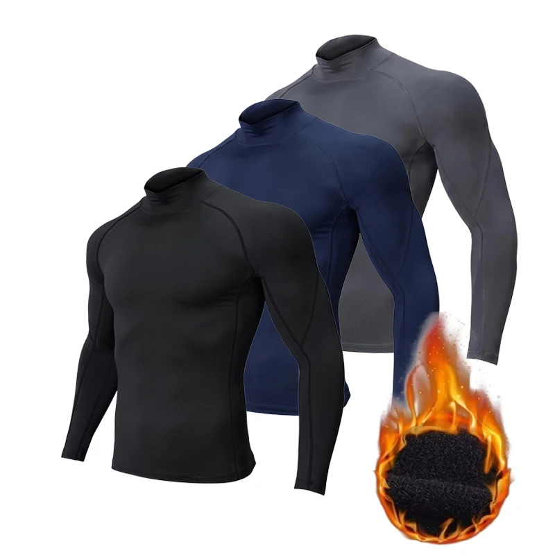 3Pack Men Fleece High Neck Compression Long Sleeve T-shirt Autumn Winter Elastic Tight Athletic Base Layer Warm For Gym Fitness