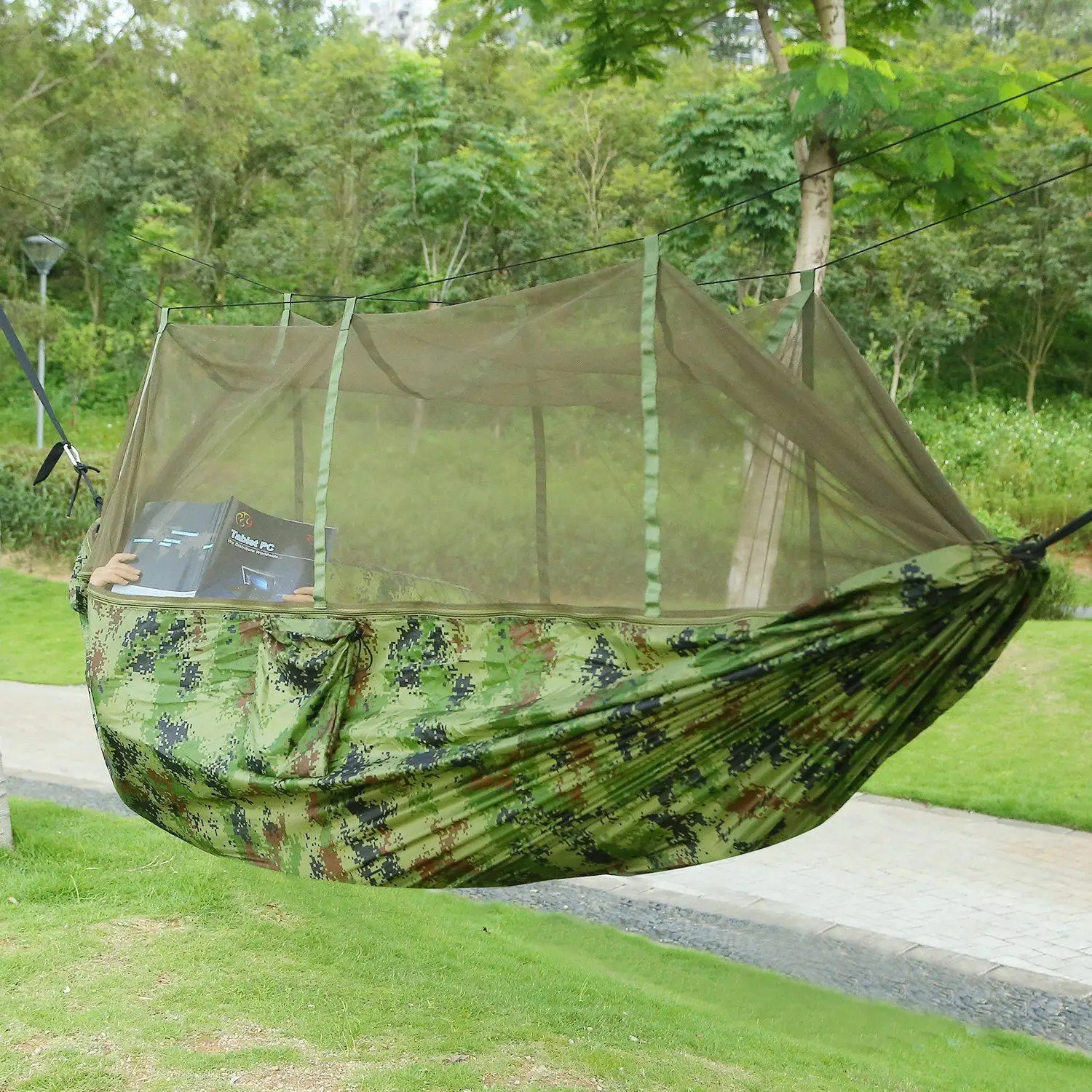 Portable Double Camping Hammock with Mosquito Net - 600lbs Capacity for 2 Persons, Nylon Swing Bed w/ Strap & Carry Bag