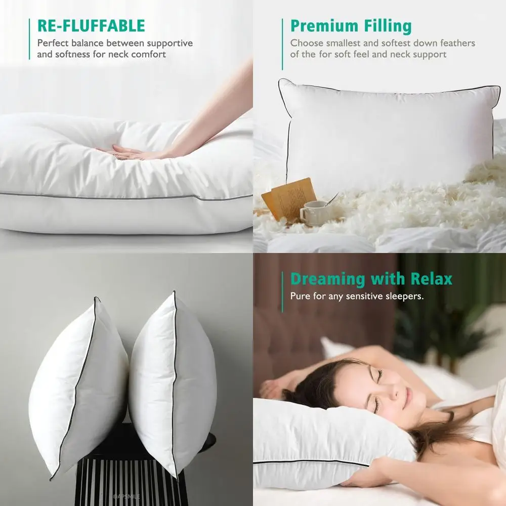 

Queen Size Organic Cotton Pillows Set, 2 Pack, 20x30, 3-Chamber Feather-Down Hybrid with Polyester Surround