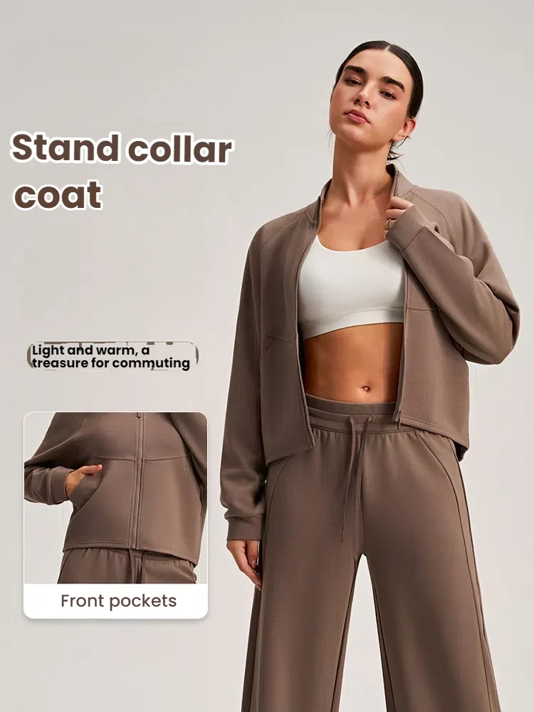 Fashion Stand Collar Sports Jacket Women Long Sleeve Slim Fit Zipper Tops Outdoor Training Track Jacket Casual Gym Wear Coat