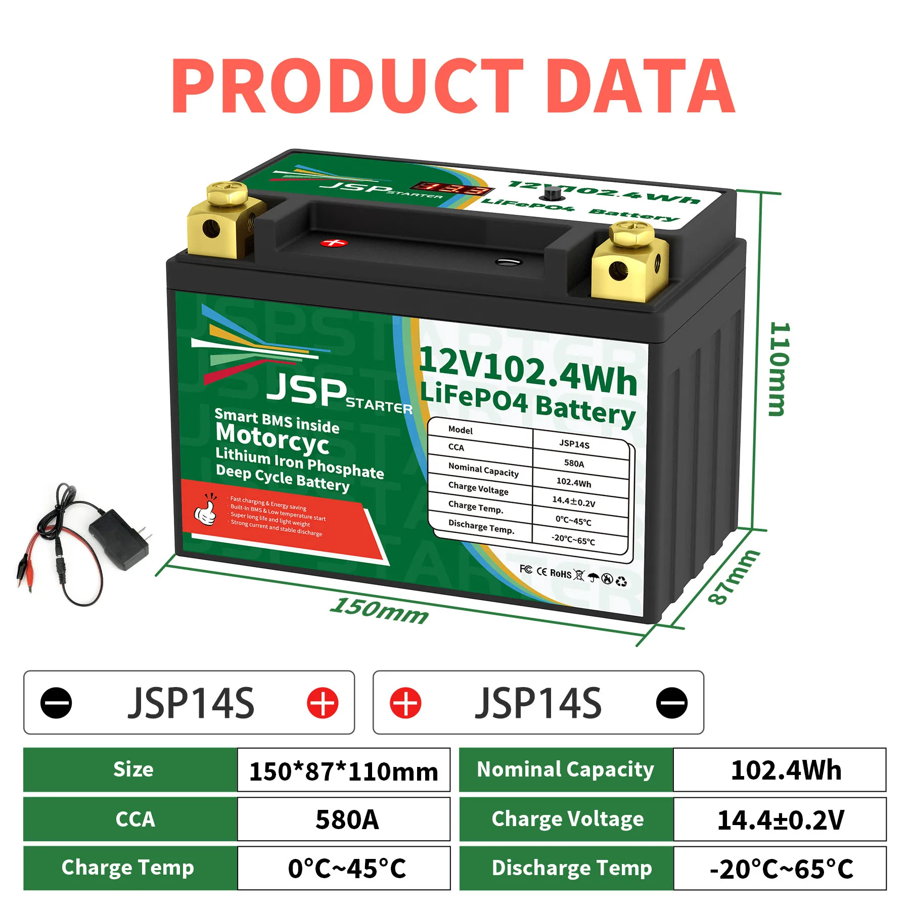 

JSP14S 12.8V 102.4Wh CCA 580A BMS Motorcycle Start Battery 12.8V Lithium iron Phosphate Scooter LiFePO4 Batteries YTX14S