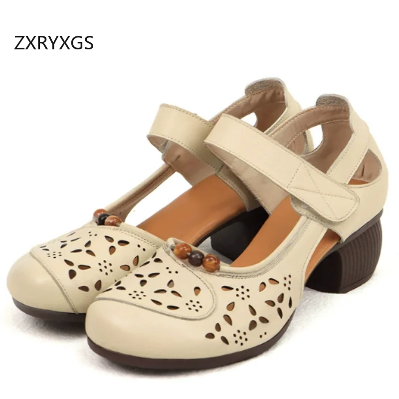 ZXRYXGS 2026 New Summer Round Toe Hollow Genuine Leather Sandals Fashion Elegant Women Banquet Sandals Thick Mid Heel Sandals
