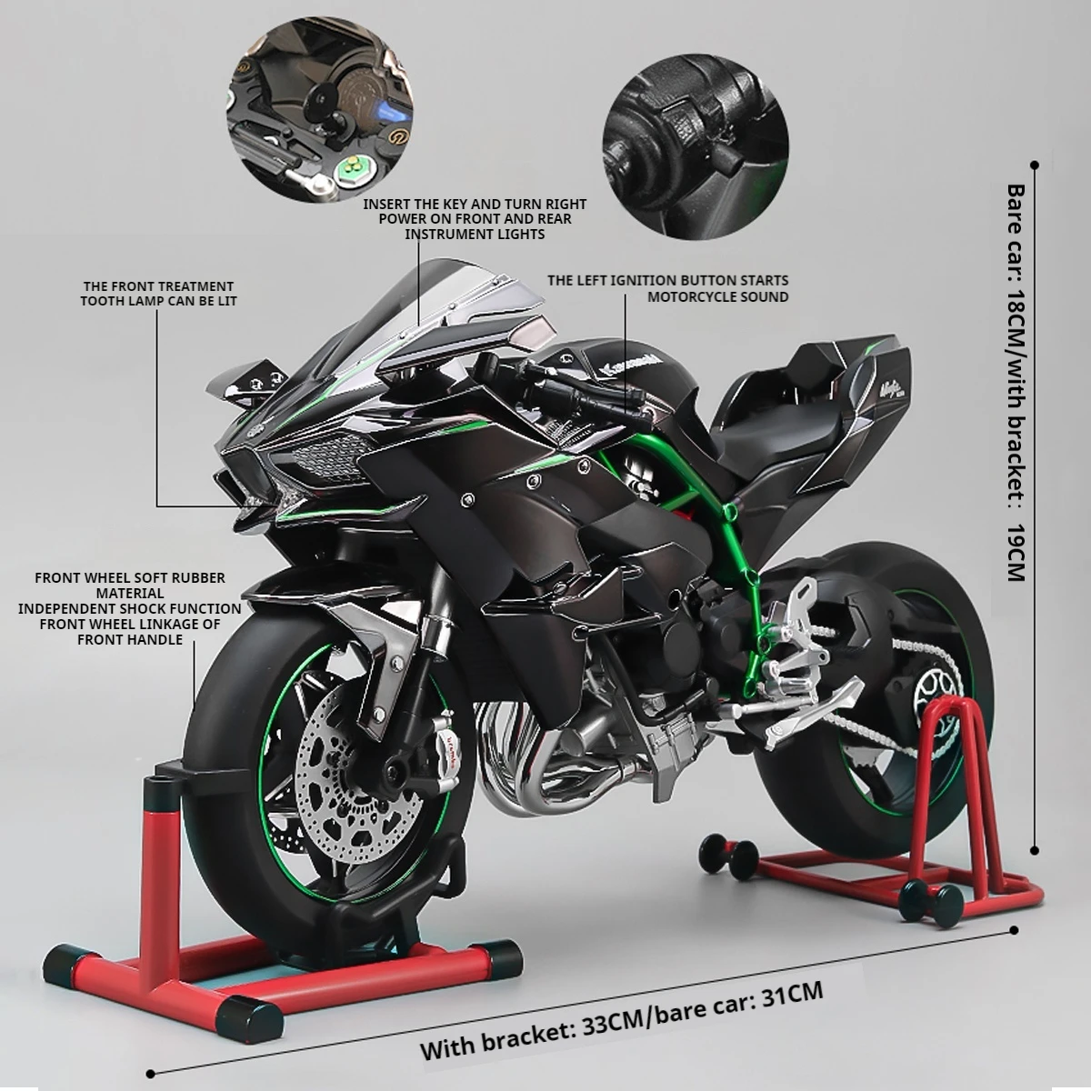 1:6 Kawasaki H2R Bootable Sprayable Dynamic Alloy Metal Diecast Motorcycle Model Sound & Light Collectibles Hobbies Gift Box Boy