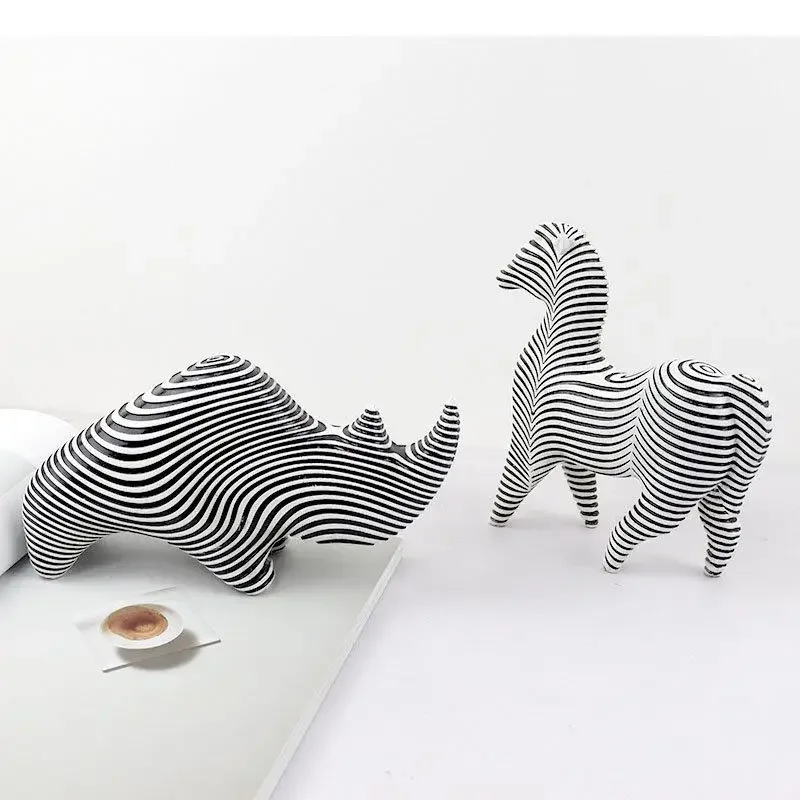 Zebra Stripes Rhino/horse Resin Statue Modern Design Animal Ornaments Desk Decoration Abstract Sculpture Room Aesthetics Decor