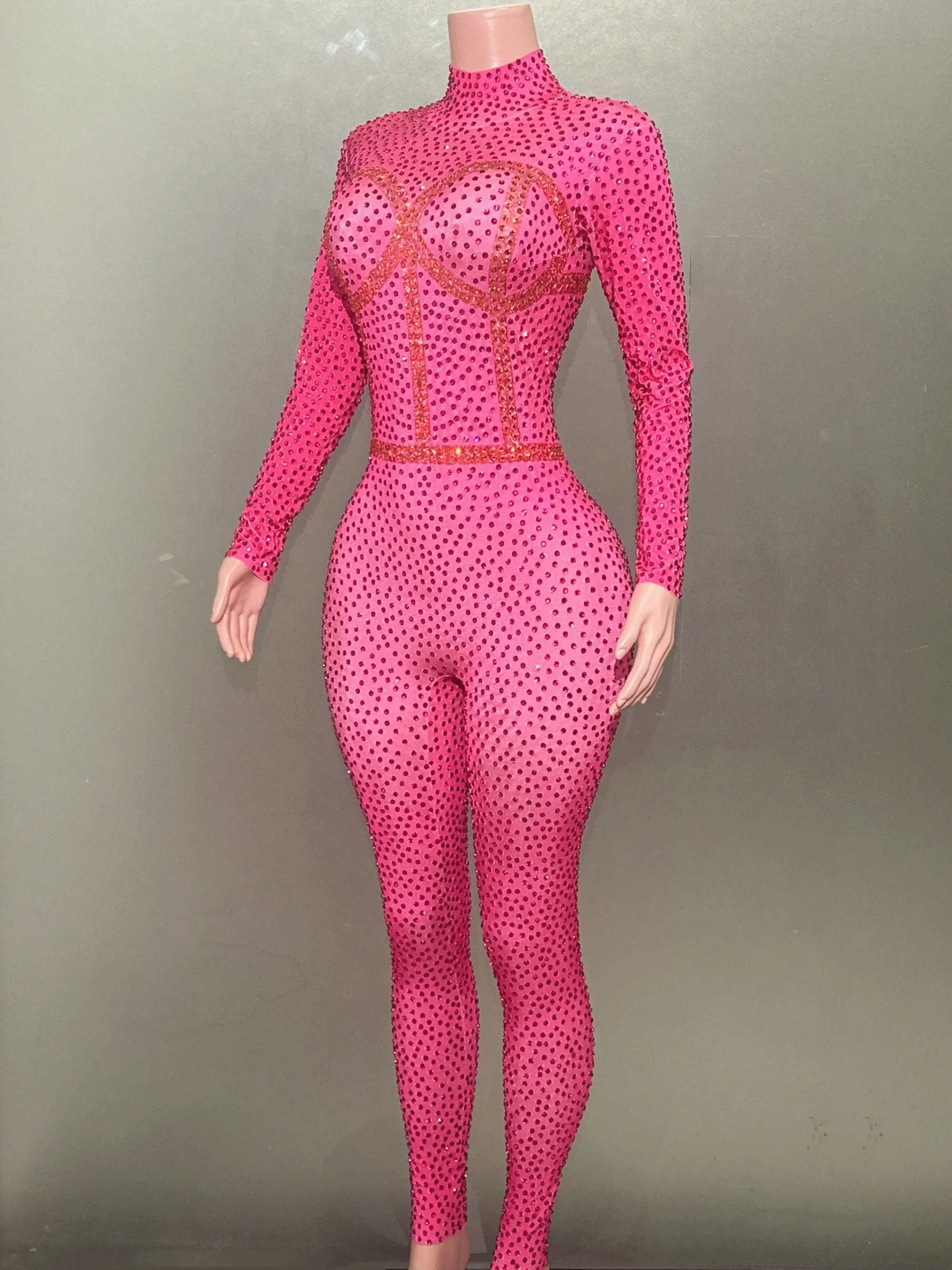 Rosered Shinning Rhinestones Women Sexy Long Sleeve Stretch Bodycon Jumpduit Nightclub Party Bar Dancer Performance Costumes