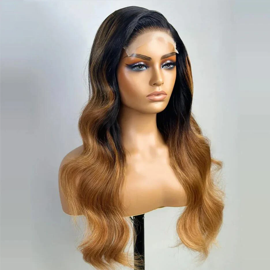 Preplucked macio 26 "longo onda do corpo ombre loira marrom 180 densidade natural linha fina peruca dianteira do laço para preto feminino cabelo do bebê diariamente