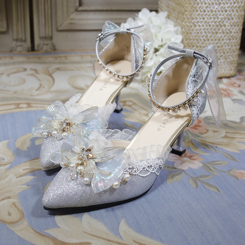 

Lolita Shoes One Night Story Original Tea Party Fairy Silver Pointed Flower Wedding High Heel Shoes Girl Single Shoes