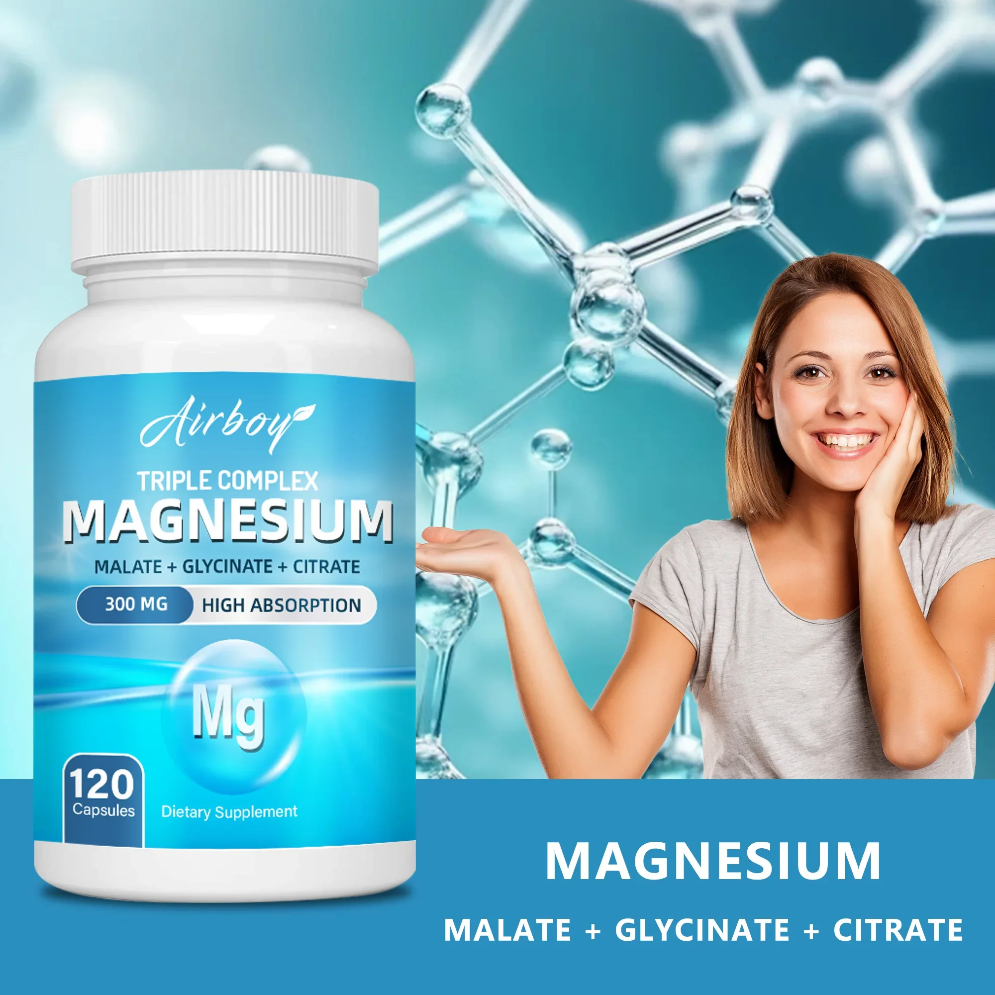 مجمع المغنيسيوم الثلاثي - مكمل صحة العظام والعضلات والقلب، دعم النوم، تخفيف التوتر، استرخاء العضلات - 120 كبسولة