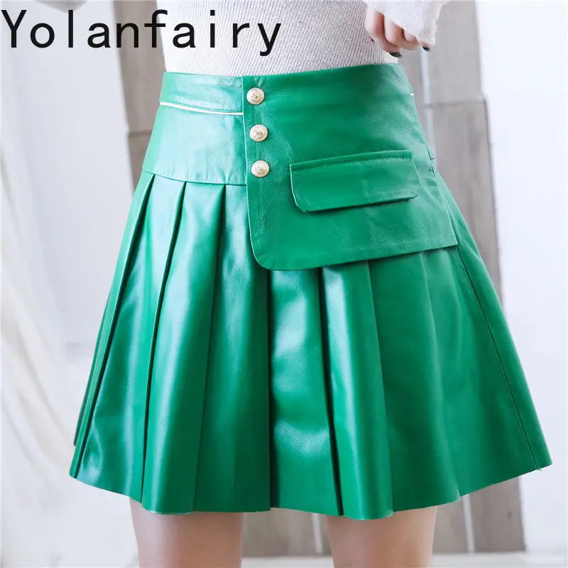 YOLANFAIRY Women Genuine Sheepskin Red Pleated Skirt High Waist Korean A-line Mini Skirts Woman Real Leather Short Skirt Autumn