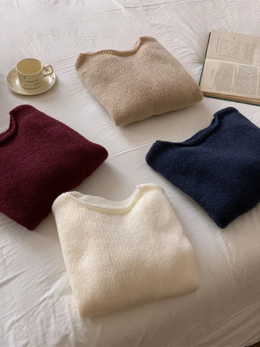 Laid-ba Cuffed Collar Lantern Sve Basic Knitwear Sweater Easy-to-wear Faionable round Ne Long Sve Regular Thin