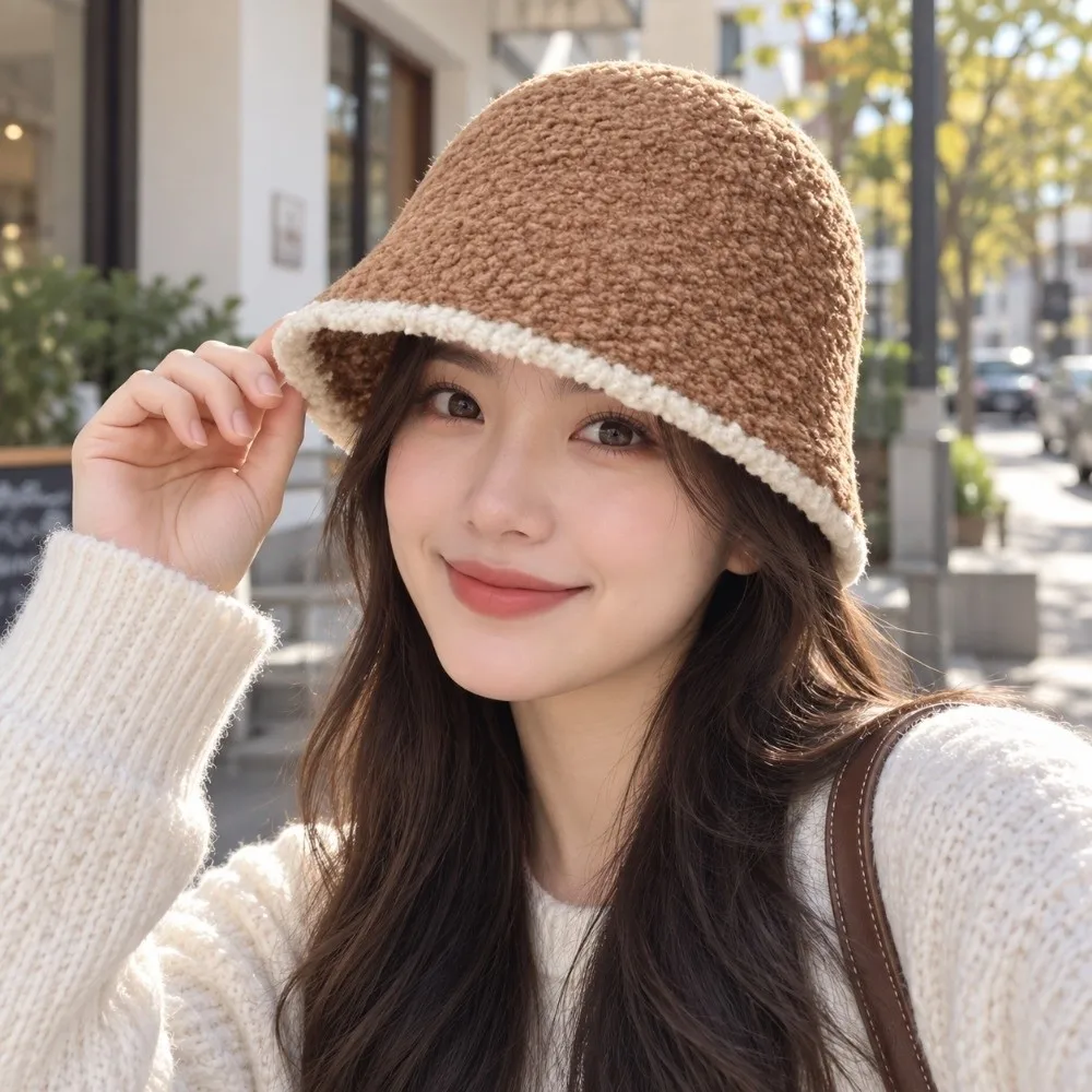 Women Thickened Plush Bucket Hat Windproof Solid Color Fisherman Beanie All-match Soft Warm Cap University