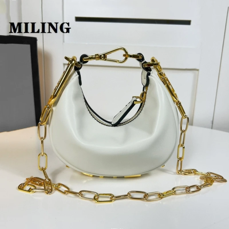 Women Fashion Design Underarm Bag Cow Leather Half Moon Single Shoulder Bag Female Top Zipper Small Handbag With Golden Chain