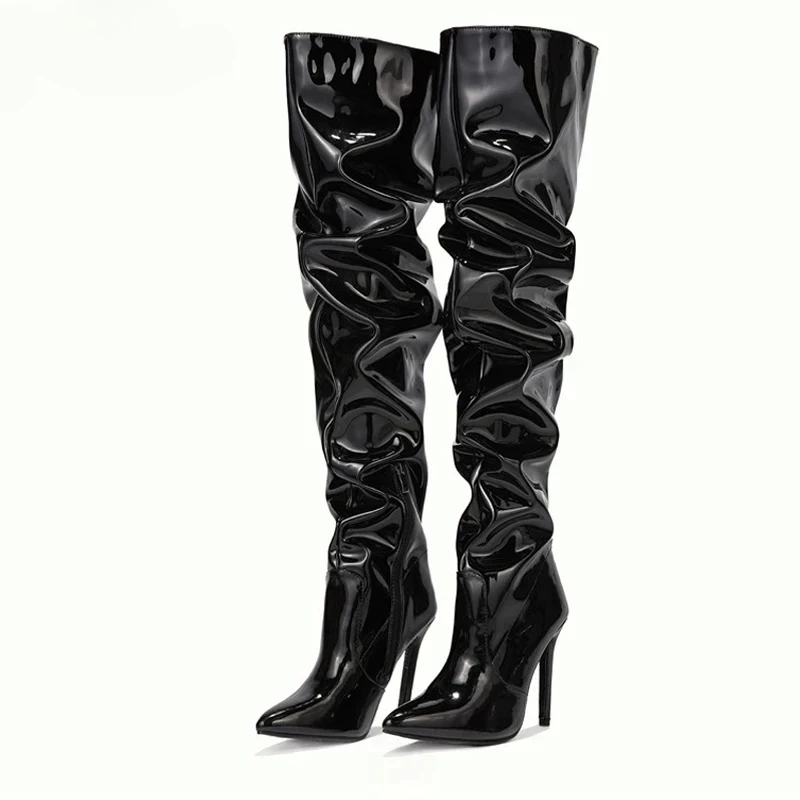 

Fashion Pointed Toe Over The Knee Boots Women High Heels Patent Leather Solid Stiletto Side Zipper Sapatos Femininos