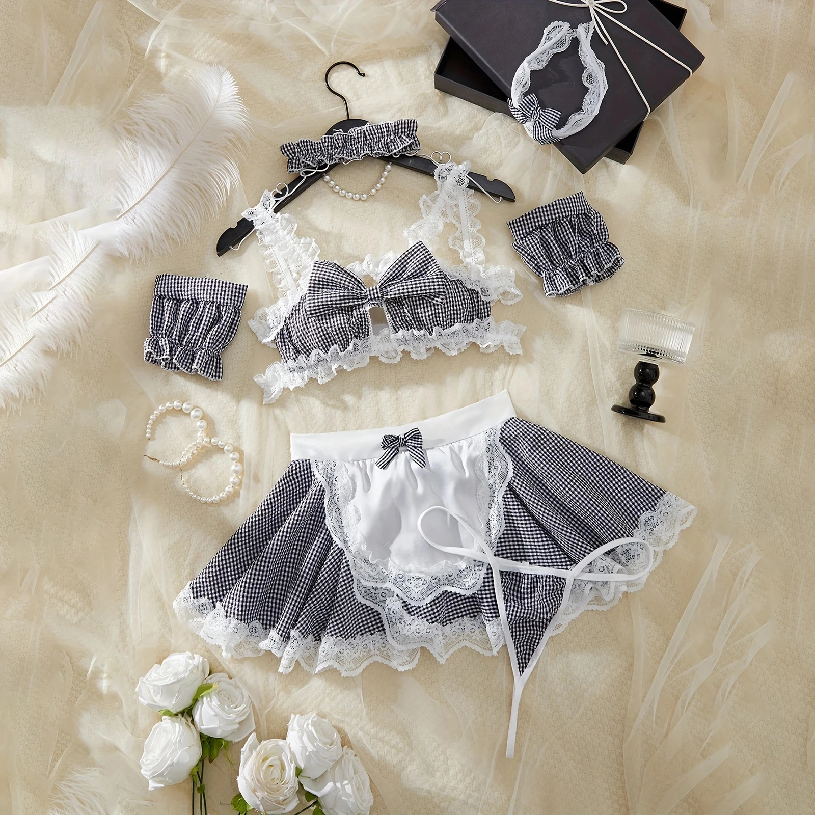 

Sexy Lolita Women's Maid Lingerie Set Sleeveless Plaid Print Bow and Panty Apron Skirt Set Exotic Nightwear