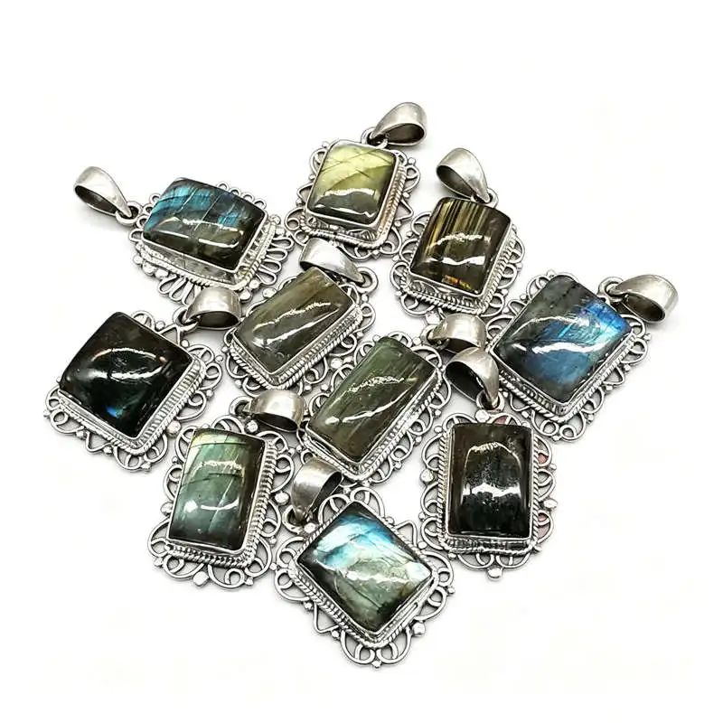 Nepal Hand 925 Silver Jewelry Inlaid Natural Square Labradorite Vintage Pendants for Lady T9044