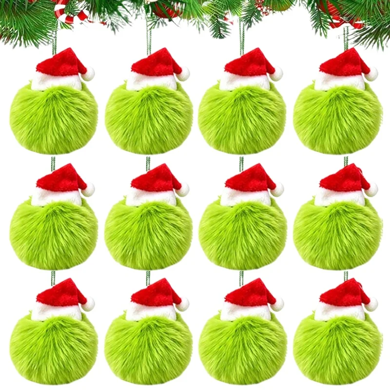 12 Stück grüne, flauschige Weihnachtskugeln, Plüsch-Elfen-Weihnachtsbaum-Hängeornamente, niedliche rote Weihnachtsmützen-Plüschkugeln, DIY-Bastelarbeiten