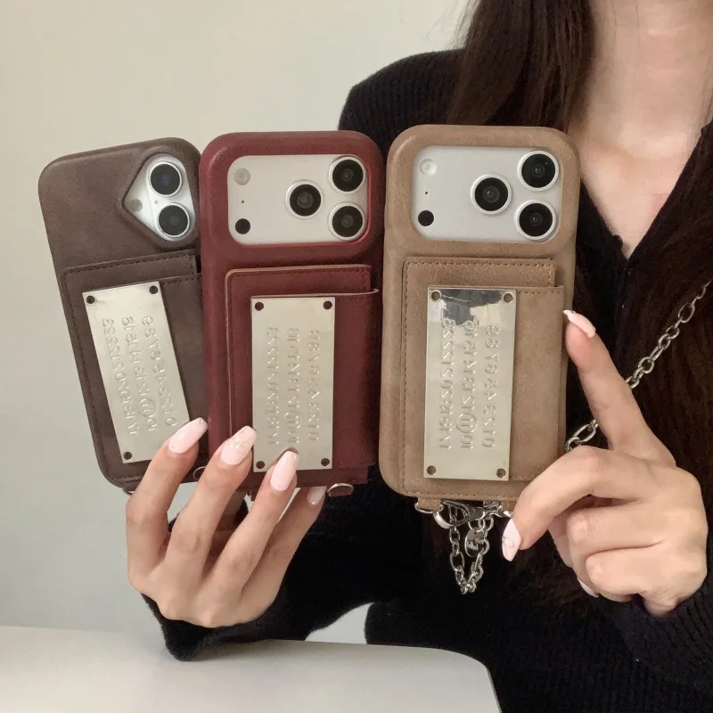 

Роскошный кожаный металлический чехол для телефона с картой для iPhone 17 Pro 14 15 16 Pro Max с цепочкой и ремешком, чехлы-бумажники, милый чехол