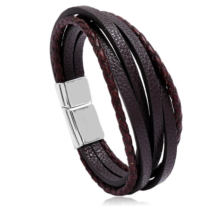 Luxury Fashion Hand-Woven Leather Bracelet Multilayer Men's Bangles Stainless Steel Magnetic Buckle Party Jewelry Gift