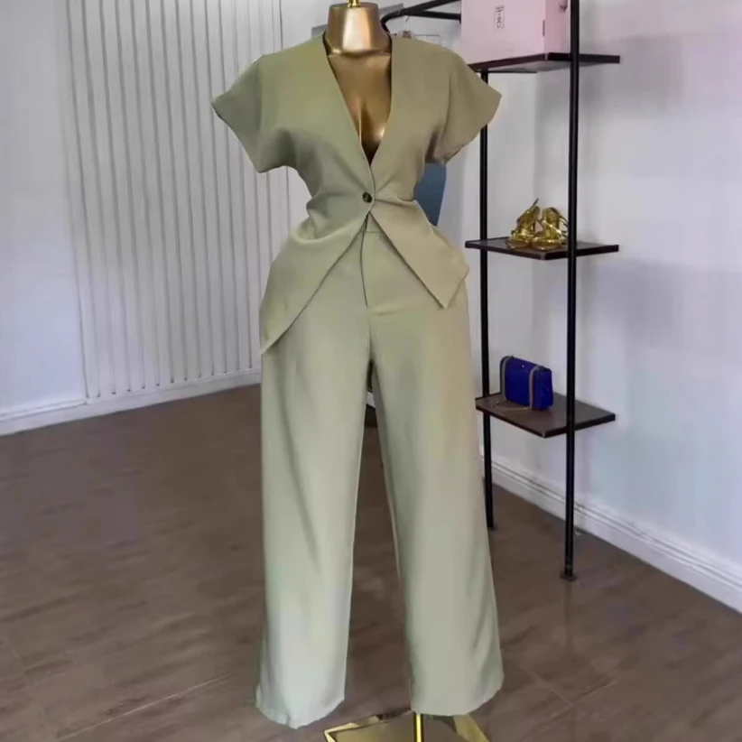Damen Hosen-Set Zweiteiliges Set V-Ausschnitt Kurzarm-Oberteil Weite Lange Hose Hohe Taille Y2k Streetwear Elegant Sommer 2026