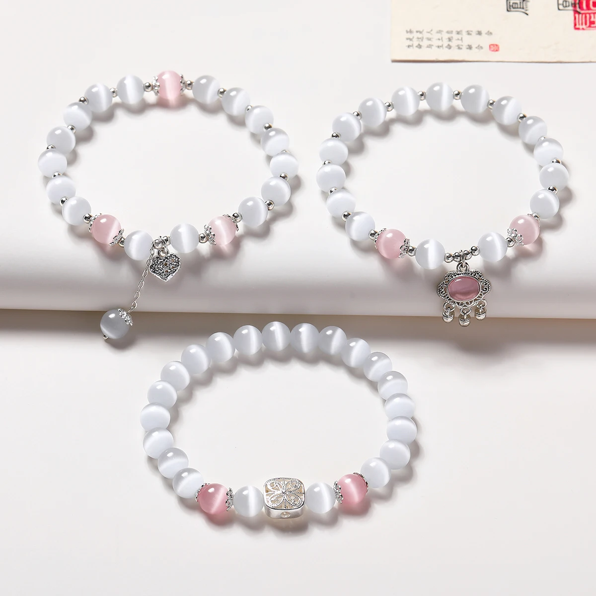 Women White & Pink Cat Eye Beaded Bracelet Cute Lovely Lucky Lock Charm Handmade Elastic Bead Bracelet 8mm Fashion Jewelry Gifts