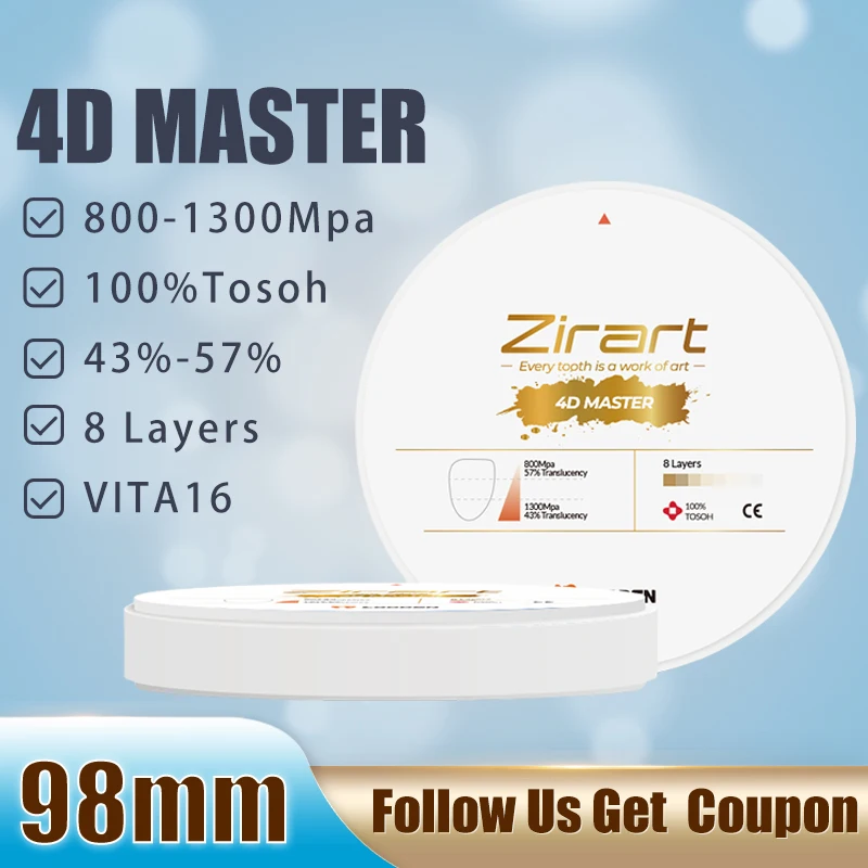 

Zirart 4D MASTER Multilayer Zirconia Blocks 100%Tosoh Dental Lab 98*10-25mm CAD CAM Material Fixed Zirconia Restoration Bending