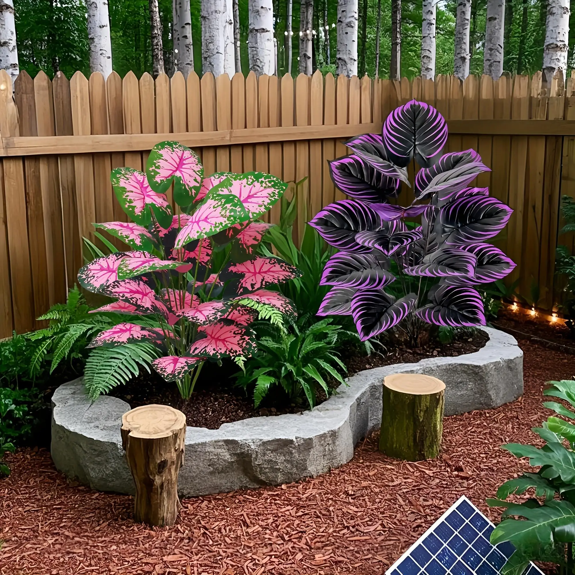 2er-Set künstliche Kaladiumpflanzen mit lila rosa Blatt, künstliche Bonsai-Pflanze für Boden, Garten, Zuhause, Schlafzimmer, Büro, Dekoration, Blumen – Detail 4