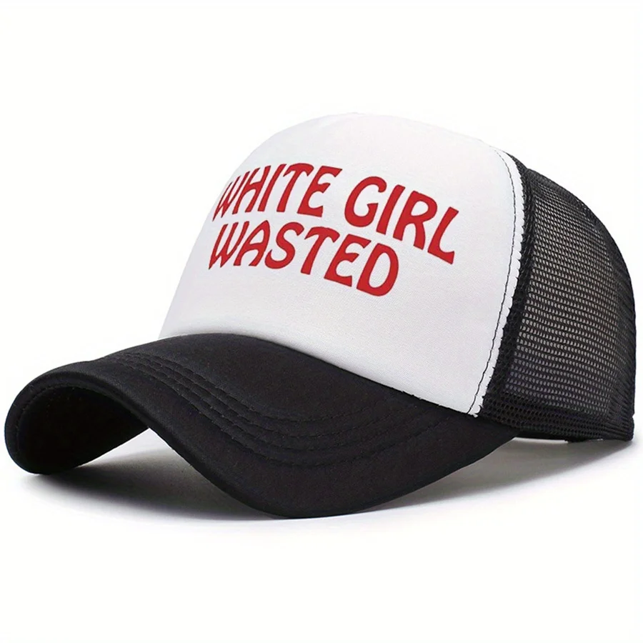 

White Wasted Bold Letter Print Baseball Cap Adjustable Lightweight Polyester Trucker Hat with 6 Color Options (Red/Yellow/Blue