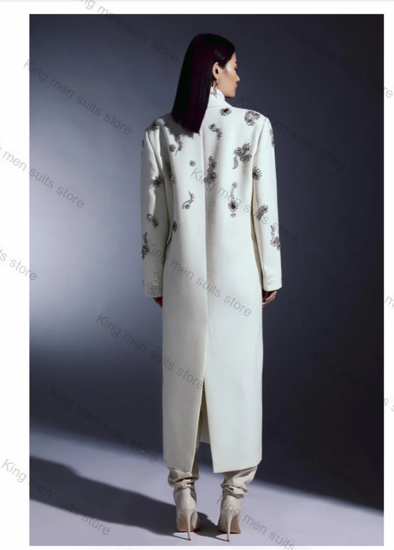 White Cashmere Wool Women Suit 1 Piece Blazer Crystals Prom Dress Customized Formal Office Lady Warm Jacket Wedding Winter Coat