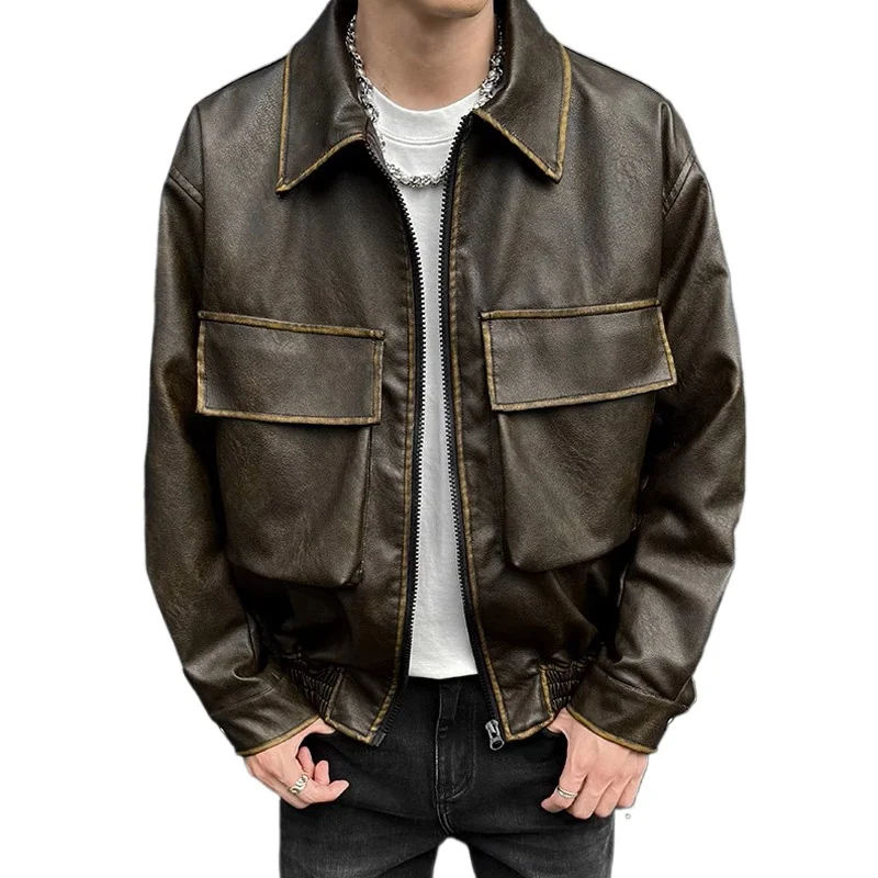 

Retro Old Fashion PU Leather Cargo Jacket Men Streetwear Fashion Loose Casual Leather Short Motorcycle Bomber Jacket Coat