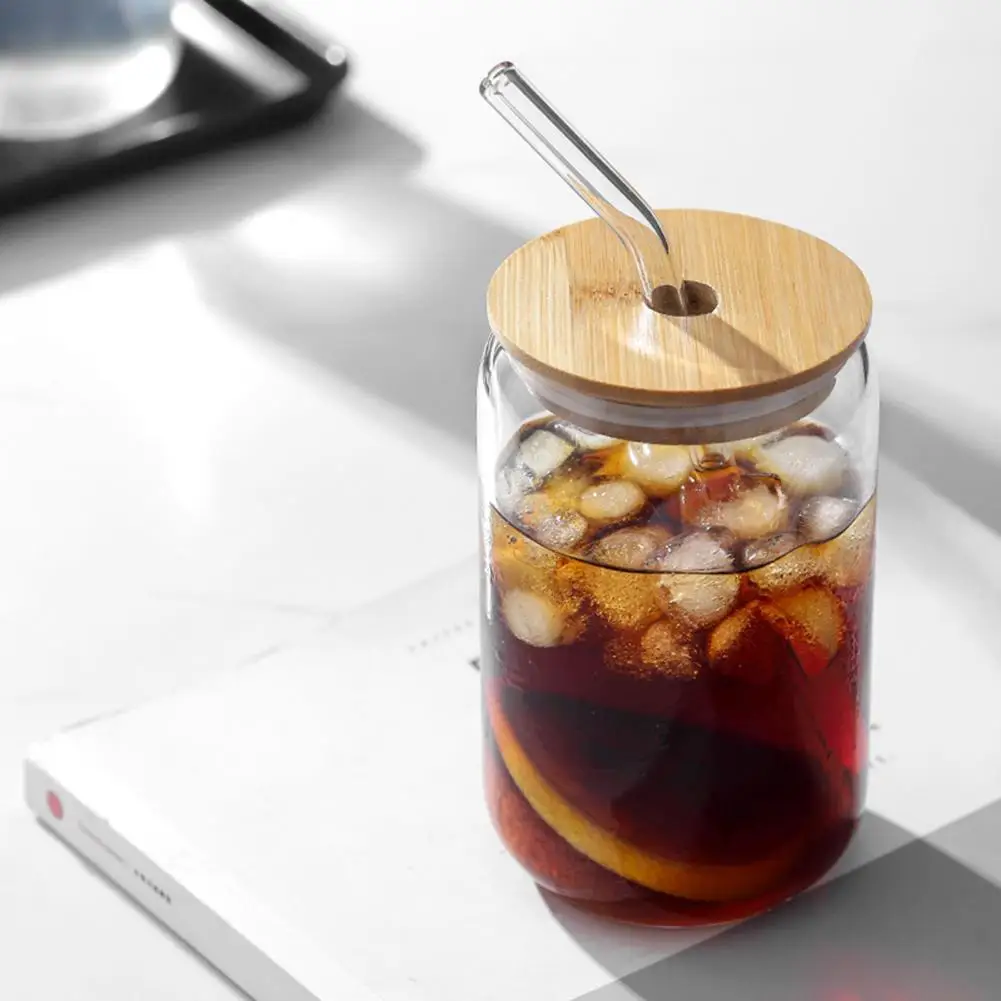 Color Changing Glass Cups with Bamboo Lids Straws 16/20oz Cartoon Summer Iced Coffee Cold Tumbler Glass Drink Container