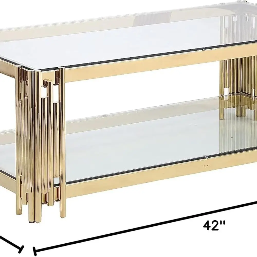 Rectangular Gold Stainless Steel Coffee Table with Glass Top for Living Room