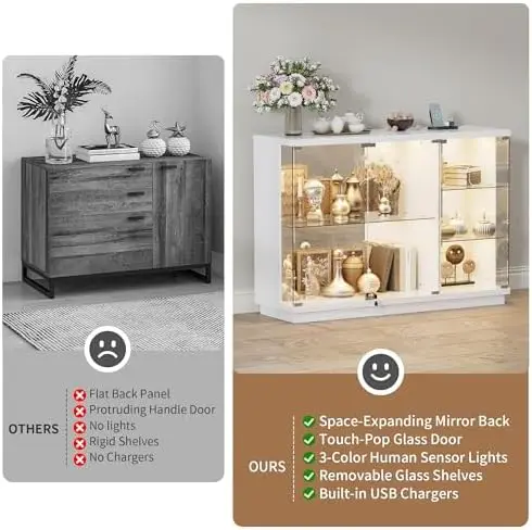 Glass Display Cabinet with Lock & LED Light, High Gloss Sideboard with Motion Sensor & Glass Shelves, Curio Cabinet for view 6