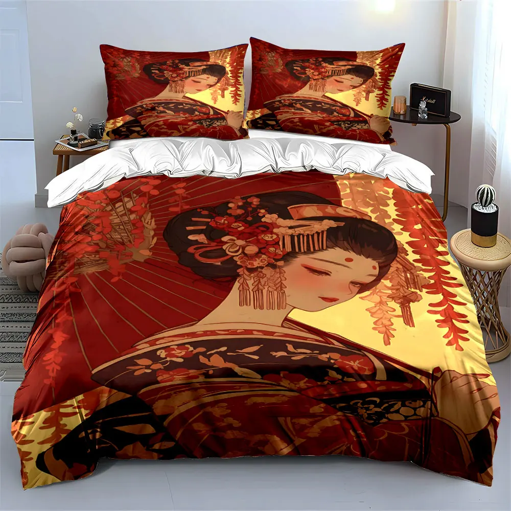 Elegant Geisha in Red Kimono Print Bedding Set 1 Duvet Cover 2 Pillowcases for Adult and Children Luxury Gift Full Size