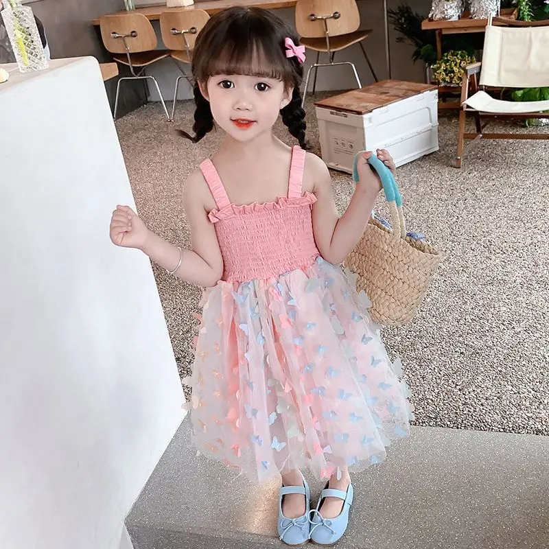 Girls Butterfly Tulle Dress, Sleeveless Smocked Bodice with 3D Butterflies & Detachable Wings, Cute Summer Princess Party Dress