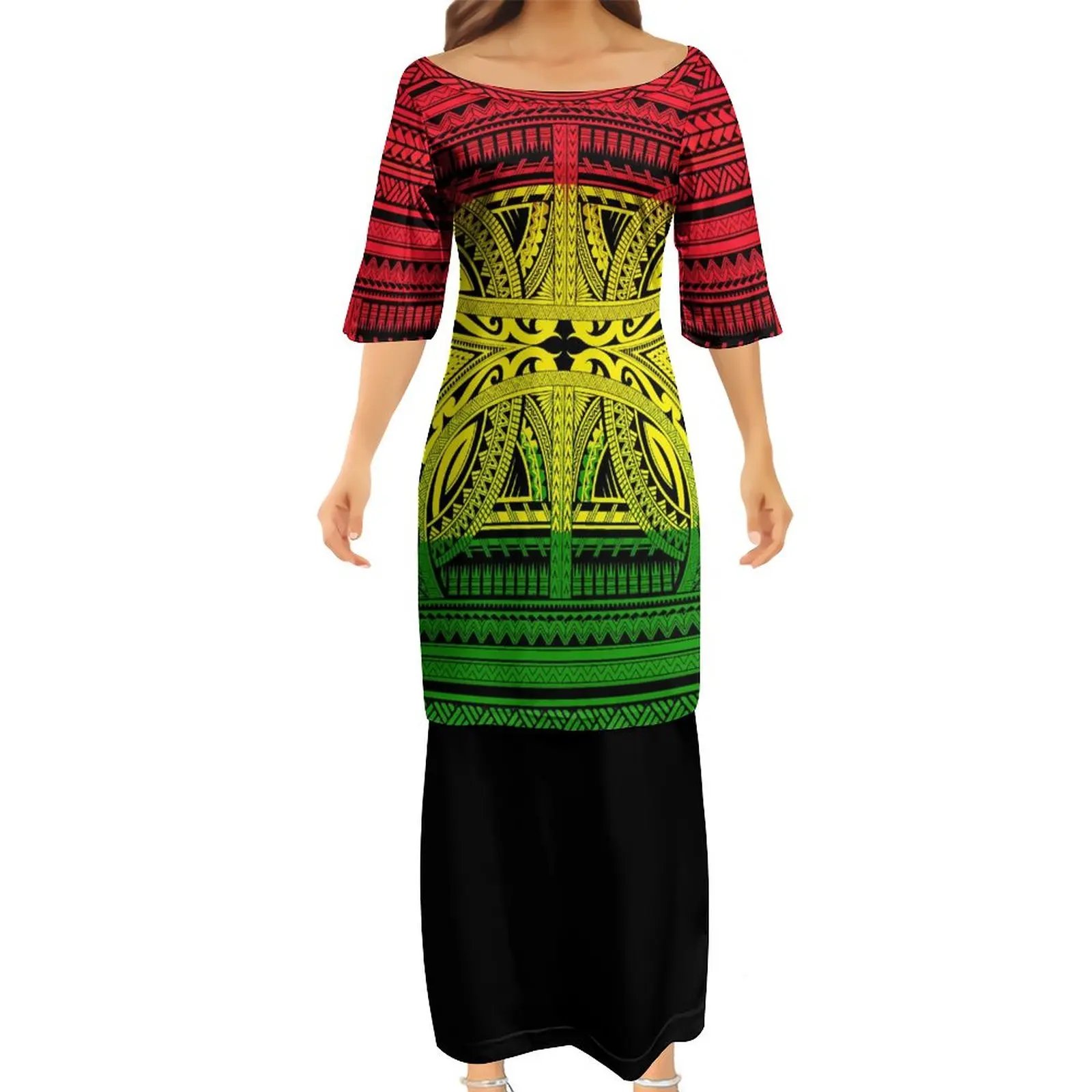 MOQ1 Fashion Women Club Bodycon Dresses Samoan Puletasi Polynesian Traditional Tribal Unique Design Dress 2 Piece Set