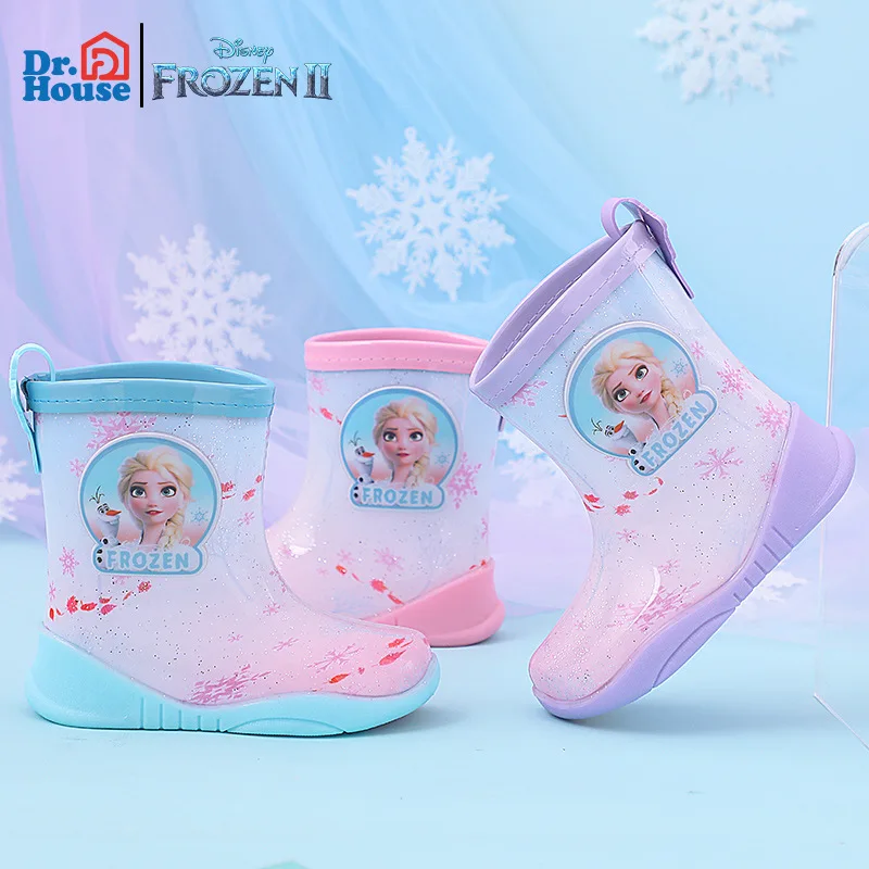 Disney Frozen Girls Rain BootsPrincess Elsa Student Rain Boots Children\'s Water Proof Rubber Water Shoes Non-Slip Short Shoes