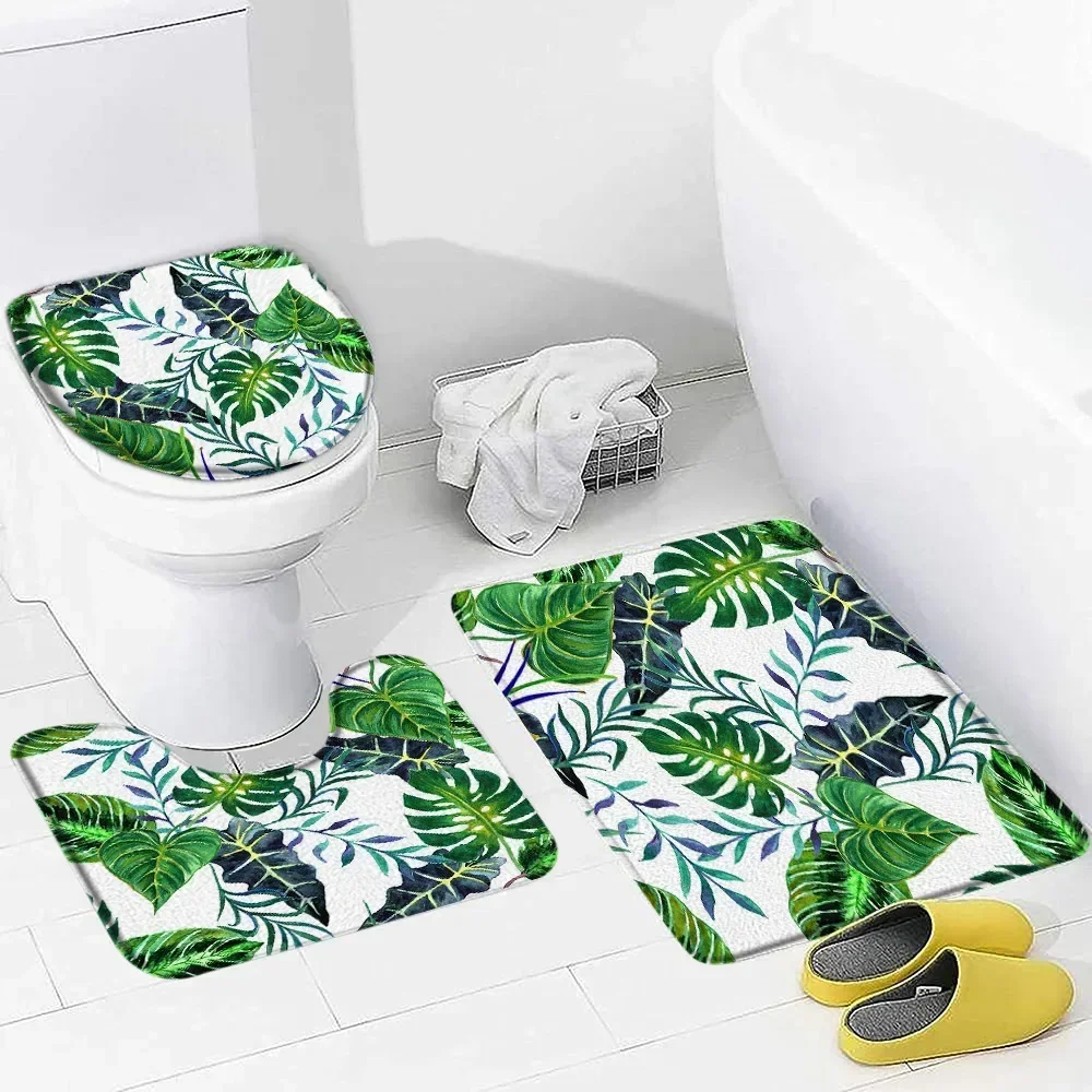 Tropical Leaves Bath Mat Set Watercolour Palm Leaf Monstera Plant Home Floor Carpet Bathroom Decor Non-Slip Rug Toilet Lid Cover