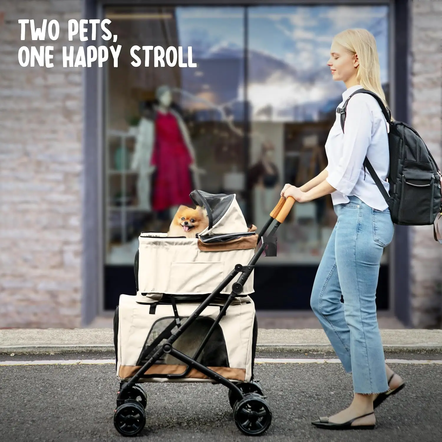 Perfect for Carrying 2 Dogs or Cats, Cosmic Beige Double Pet Stroller with Detachable Carriers, Compact Design and Easy Assembly