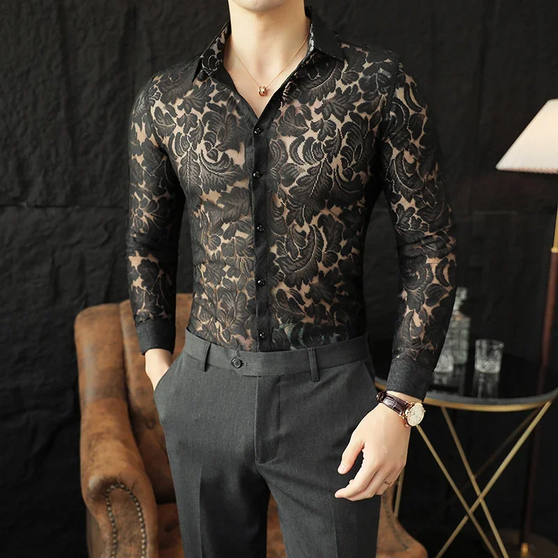 Men\'s Mesh See Through Flower Lace Sheer Shirt Long Sleeve Sexy Clubwear Dress Shirts Party Event Prom Transparent Chemise Homme