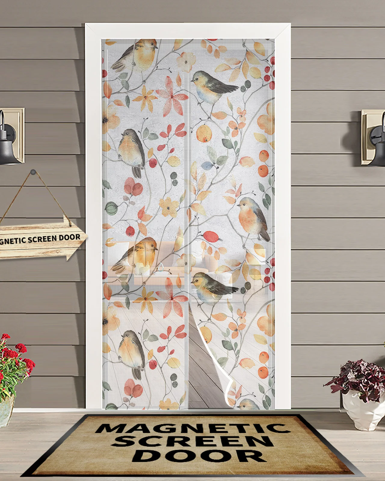 Autumn Bird Flowers Tree Branches Magnetic Door Curtain Living Room Bedroom Home Anti-mosquito Screen Door Curtain