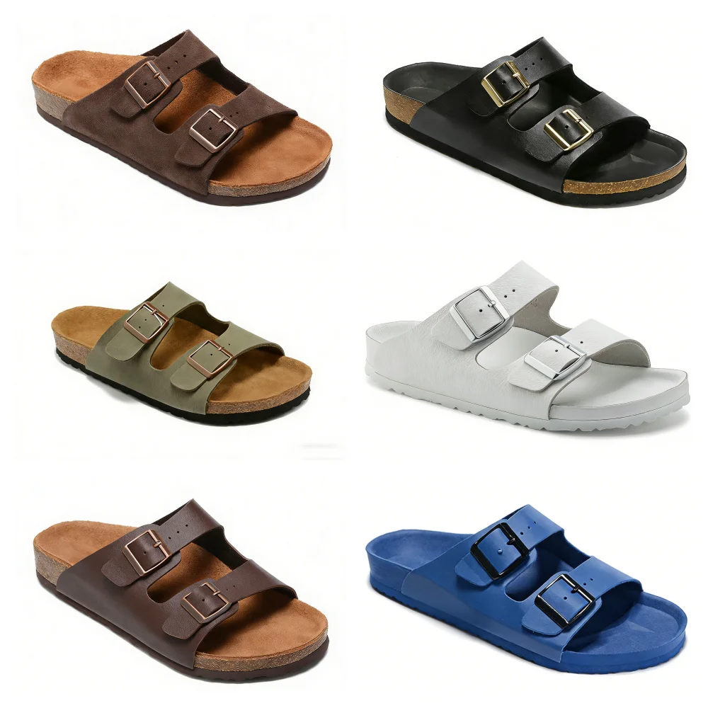 Unisex Klassische Doppelschnallen-Sandalen mit Korkfußbett Rutschfeste Bequeme Freizeitschuhe
