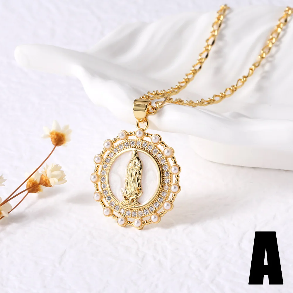 FLOLA Large Round Disc Virgin Mary Necklaces for Women Gold Plated Amulet Necklaces Crystal Jewelry collar de guadalupe nkep49