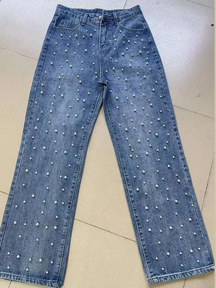 Chic Pearl DENIM กางเกงผู้หญิงสูงเอว Baggy ตรง Baggy กางเกงยีนส์ Lady Elegant แฟชั่น Streetwear Casual Office กางเกงทํางาน