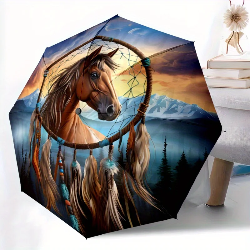 

Портативный зонт с дизайном индейской лошади, 1 шт. – 8 спиц, автоматическое открытие/закрытие, прочная железная рама и тент из понжи, всесезонный