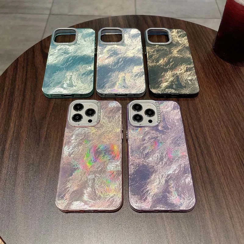 Aurora Tin Foil Pattern Electroplated Diamond Camera Protection Case for IPhone 11 12 13  14 15 Pro Max Shockproof Acrylic Cover