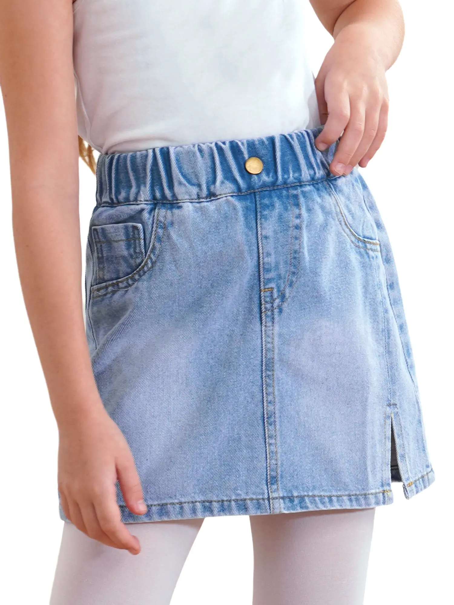 Kids Girl's Casual A-Line Denim Skort Elastic High Waist Mini Jean Skirt with Side Split Casual Children Denim Jean Skirt