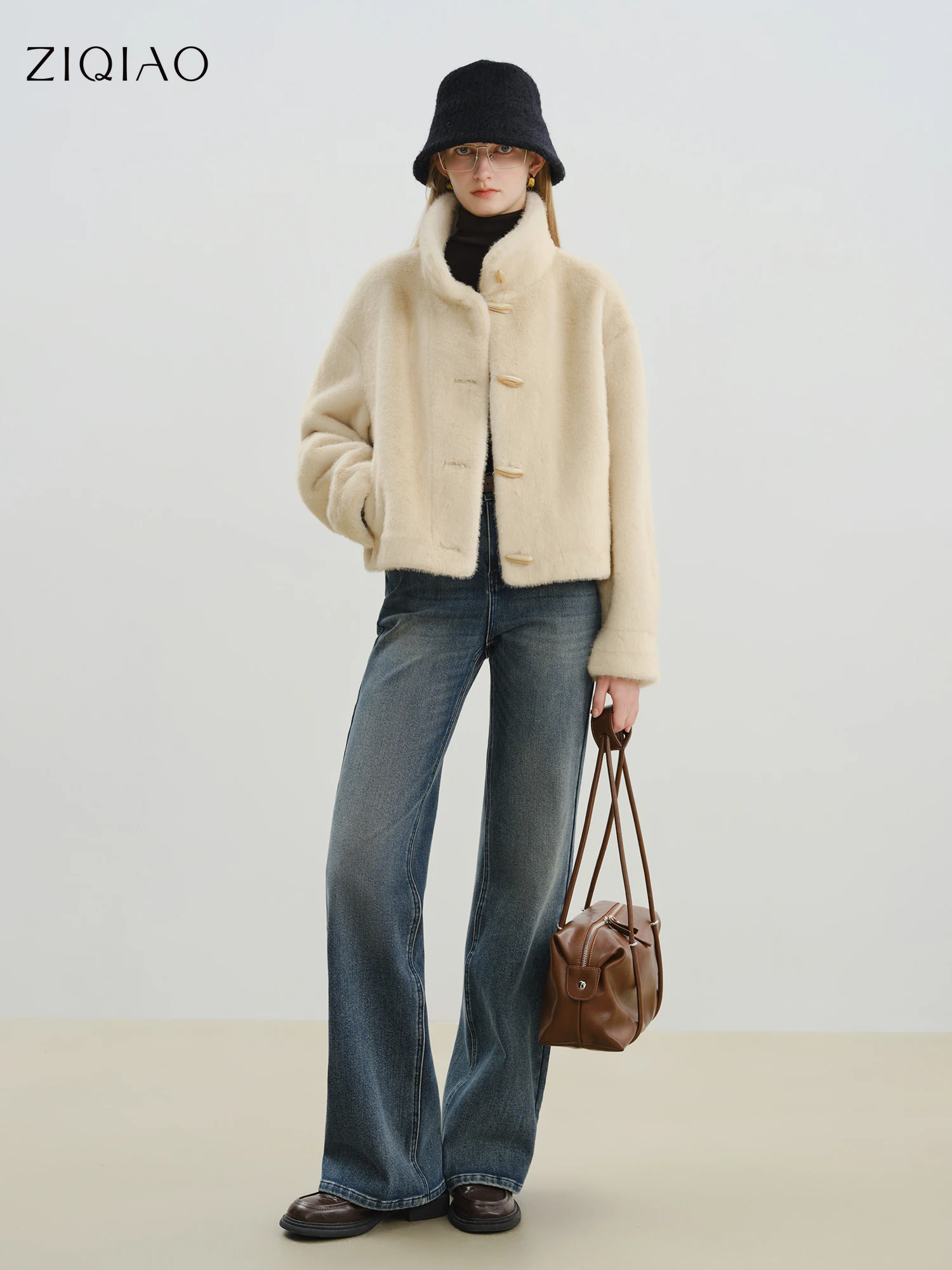 

ZIQIA 2025 Winter Women Short Faux Fur Coat with Toggle Buttons - Eco-Friendly Integrated Fur Leather Look New Arrival Outerwear